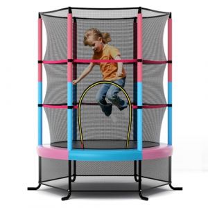 COSTWAY Trampoline Ext&eacute;rieur Enfants &Oslash;165 CM avec Filet de S&eacute;curit&eacute;, Trampoline Enfants avec Cadre en Acier & 6 Poteaux Recouvert de Mousse, Charge Max 135kg pour Gar&ccedil;on et Fille (Macaron) (FDS GmbH, neuf)
