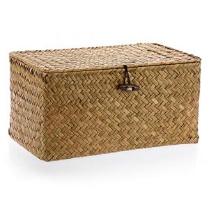 OLegei Panier de rangement en osier panier avec couvercle panier pour étagère boîte de rangement organisateur de table (caramel, 31 x 18 x 15cm) (SunGiRay, neuf)
