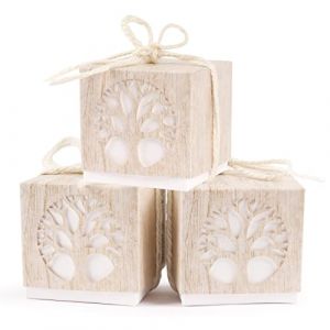 FLOFIA 50 pcs Boîtes à Dragées Baptême Forme Arbre de Vie en Papier et Ruban Boîte Coffret Cadeaux Bonbonnière Décoration Table avec Cordon pour Baptême Première Communion Graduation Mariage (BAIJIANG, neuf)