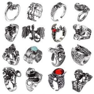 JeryWe 16Pcs Bague Homme Anneaux Gothique Open Punk Vintage Bague Ensemble Réglables Tête De Mort Dragon Claw Poulpe Serpent Animal Bague Fête Cosplay Accessoires (JeryWe EU, neuf)