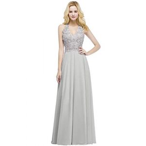 Misshow Robe Femme Longue Mousseline Chic Soirée Robe de Gala Longue Dentelle sans Manche Epaule Nu Sexy Dos Ajouré Gris 36 (Modelle, neuf)