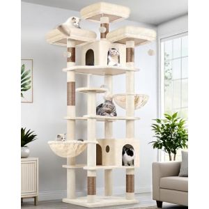 Globlazer Arbre a Chat Beige XXL 209 cm avec 3 Perchoirs Rembourr&eacute;s, 2 Niches, Grand Plateformes, 2 Paniers, Jouets en Peluche, &eacute;norme Arbres a Chats Stable pour 3-5 Chats Int&eacute;rieur (F82, Beige) (Globlazer For Your Pet, neuf)