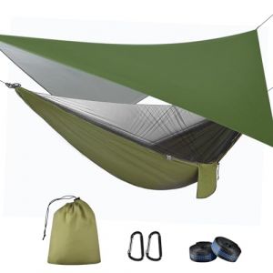 OTraki Hamac 290 x 140 cm avec Moustiquaire et Bâche Respirant Léger de 310 * 310cm, 200 kg Capacité de Charge Hamacs de Camping Nylon Hamac Pliable pour Jardin Exterieur Voyage Randonnée Bivouac,Vert (OTraki, neuf)