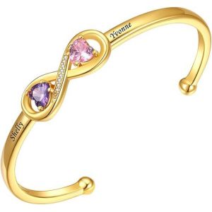 Custom4U Jonc Bracelet Infini Femme Prénoms Personnalisé Or Jonc Ouvert Réglable avec Pierre de Naissance Prénom Gravure Bijoux Pour Femme Fille Famille (Custom4U Store, neuf)