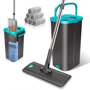 Myiosus Kit Balai Serpillère avec Seau Essoreur, Serpillière Seau Essoreur Rotatif 360° et Seau à 2 Compartiments, Balai Microfibre Microfibre avec 6 Tampons, Humide et à Sec pour Nettoyage de Sol (Aone-EU, neuf)