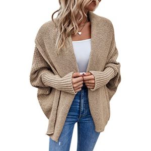 ORANDESIGNE Gilet Long Femme Hiver Chaud Cardigan Grande Taille Manches Longues Chic Tricot Veste Longue Grosse Maille &Eacute;l&eacute;gant Sweater Manteau Outwear E Kaki M (ORANNER EU, neuf)