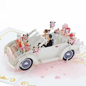 Favour Pop Up® Carte de mariage 3D - Motif voiture de mariage - Fabriquée à la main - Cadeau en argent pour lune de miel - Carte de vœux de mariage (Goods in Favour, neuf)