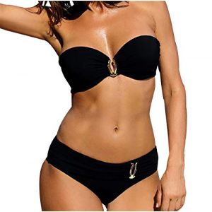 Maillot de Bain 2 Pi&egrave;ces Dos Nu Bandeau Halterneck Push Up Rembourr&eacute; Bikini Plage Taille Haute Femme Mayo de Bain 2 Piece Cale&ccedil;on de Bain Ensemble Maillot de Bain Deux Pieces Surf Natation Noir XL (ayaostore, neuf)