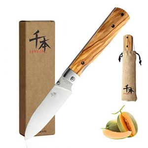 SENBON 440A Acier Inoxydable Ultra Pointu Pliant Style japonais Peeling Couteau Utilitaire Poign&eacute;e Olive Naturelle Camping Voyage En Plein Air Portable Couteau (Senbon, neuf)