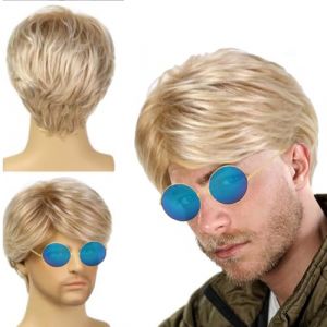 QSZHSL Courte Perruque pour Homme, Perruque Hommes Blonde, Perruque Blonde Disco Perruque, Punk Perruque synthétique pour hommes Rock Halloween Cosplay Costume de Fête Quotidien (Qiqing, neuf)