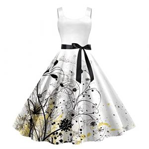 Robe Femme de Cocktail Vintage Rockabilly Robe plissée au Genou sans Manches Col carré Robes De soirée Elegante Années 50 60 pin-up Swing A-Ligne Robes Parti Audrey Hepburn Style (Anglekie, neuf)