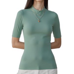 WOWENY Pull &agrave; Manches Courtes pour Femme &eacute;l&eacute;gant T-Shirt &agrave; 1/2 Bras avec Col Montant &eacute;lastique T-Shirt &agrave; Col Roul&eacute; en Coton Tops Basiques Chemise Chemisier, Vert, XL (EU Creative Fashion, neuf)