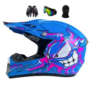 Casque Moto Enfant 7-14, Motocross Cycliste pour Gar&ccedil;on Et Fille, Casque Moto Cross pour Les Adolescents Homme Protection Enduro Integral VTT, avec Goggle Gants Masque(Blue,S(52-53CM)) (WENYANGB, neuf)