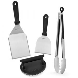 Onlyfire Ensemble Spatule Plancha Accessoires Set, Contient Presse à Burger en Fonte, Pince à Grillade et 2 Spatules, Ustensiles Barbecue Kit pour Teppanyaki, Plaque de Barbecue, 4 Pièces (Onlyfire Store, neuf)