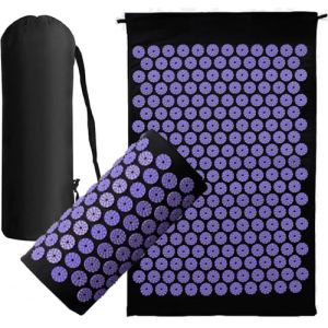 Ensemble tapis d'acupression et oreiller pour homme et femme - Soulage les douleurs du dos, du cou et des muscles - Sac de voyage avec sangle réglable (noir avec pointes violettes) (GLOBAL COSMETICS, neuf)