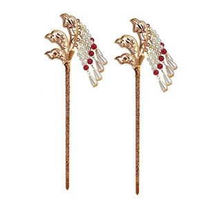 VINTORKY 2pi&egrave;ces &Eacute;pingle &agrave; Cheveux &agrave; Pompon Baguette &agrave; Cheveux Forme De Lotus Avec Pompon Et Perles De Style Chinois D&eacute;corative (Wesidun, neuf)