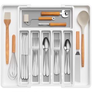 Lifewit Range Couverts pour Tiroirs avec TPR Antid&eacute;rapant, Rangement Vaisselle de R&eacute;glable, Porte de Ustensiles pour Placard Cuisine, Organisateur pour Argenterie, Cuill&egrave;re, Couteau, Blanc et Gris (Lifewit Home FR, neuf)