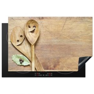 KitchenYeah© Protection Plaque Induction 80x52 cm Protege Deco Cuisine Cache Protège De Cuisson Accessoire Bois - Cuillères - Marron - Smiley (KitchenYeah, neuf)