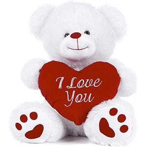 Ours en peluche blanc tenant un cœur rouge avec inscription « I love you » 26,6 cm Blanc (Ferro Stars, neuf)