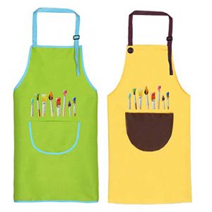 O-Kinee Tablier Enfant, 2 Pièces Tablier Enfants avec Poches, Tablier Peinture Enfant, Réglables Kids Tablier de Chef pour Garçons Filles Artisanat Peinture Cuisine Coloriage, Vert et Jaune（8-12 Ans） (OE Direct, neuf)