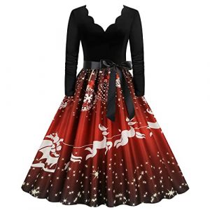 Générique Robe Noël Femme, Tenue De Soiree Femme Manches Longues Imprimé Soirée Élégante Robe De Cocktail Fete Années 50 Pin Up Classique Swing Robe Robe Elegant Robe (Chnnamzu (7-12 jours), neuf)