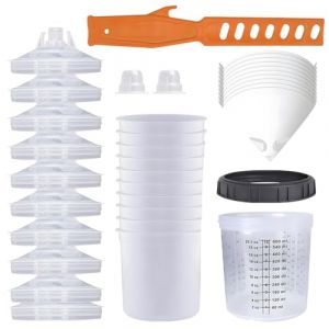 bechoanigel Lot de 10 gobelets de m&eacute;lange de peinture jetables 600 ml pour pistolet &agrave; peinture HVLP/LVLP - 10 gobelets &agrave; peinture avec couvercle, 1 gobelet dur, 1 m&eacute;langeur, 2 bouchons de fermeture et (gzhzsm-shop, neuf)