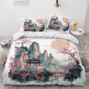 ZyxMehtic Housse de Couette Paysage Chinois Japonais - Parure de Lit 1 Personne Sakura Montagne Housse Couette 135x200 en Microfibre Douce avec Fermeture Éclair avec 1 Taie d'oreiller 65x65 cm (LYQFYZ, neuf)