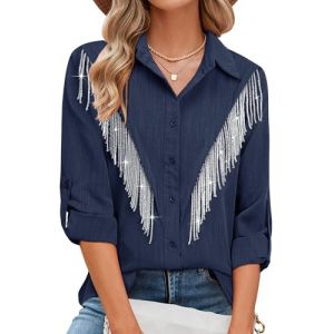 MYMORE Chemise boutonn&eacute;e avec Franges &agrave; Strass et Manches 3/4 pour Femme, pour Tenue de Cowgirl, Concert Nashville, Western, Taille XL (MAOYUESHANGMAO, neuf)