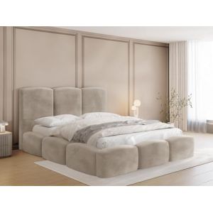 Lit Rembourré 180x200 Lit Coffre Avec Rangement - Lit Capitonné Crème En Tissu Velours - Lit Double Moderne Avec Tête De Lit - Cadre De Lit Avec Sommier à Lattes - Lit Adulte - Harmony - Beige (WFL GROUP France, neuf)