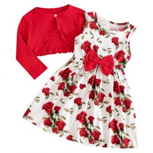 Pilipulu Ensemble Robe et Cardigan pour Fille sans Manches Robe &agrave; N&oelig;ud Taille Trap&egrave;ze Imprim&eacute; Papillons Fleuris Col Rond Manteau &agrave; Volants et Manches Longues Rose Rouge 6 Ans (Pilipulu, neuf)