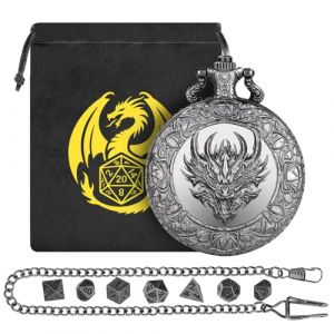 Mini DND Lot de D&eacute;s, T&ecirc;te de Dragon Coquille de Montre de Poche, 7 Pi&egrave;ces D&eacute;s D&D en M&eacute;tal Poly&eacute;drique, Cadeaux DND avec Logo Dragon Sac Cadeau, Accessoires de Jeux de Soci&eacute;t&eacute; de R&ocirc;le, Argent Fonc&eacute; (Keller Weber, neuf)
