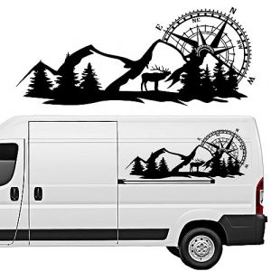 TOTMOX Stickers camping car, Autocollant de carrosserie latérale de voiture avec des motifs de montagne, de boussole et de cerf PVC noir autocollant autocollant de carrosserie autocollant (pe_carparts, neuf)
