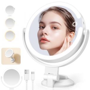 NIBSHOOM Miroir Maquilleur Lumineux, Miroir Grossissant LED 1x/10x, 3 Couleurs à Gradation, Rotation sur 360° et Réglage 180°, Miroir Grossissant Ventouse pour Salle de Bain 7 Pouces (Vallers un Krauze, neuf)