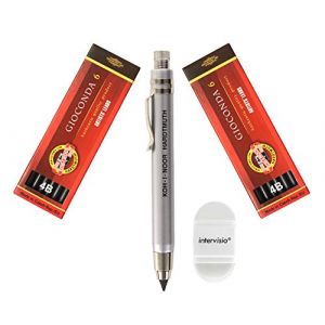 Koh-I-Noor 5359 Porte-mines mécanique 5.6 mm - Porte-mines moderne en métal avec mines en graphite, Set 4865 4B avec gomme intervisio – pour école, bureau, écrivains, artistes (Intervisio, neuf)