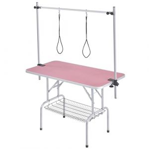 Yaheetech Table de Toilettage pour Chien/Chat/Animaux Réglable 118 x 60 x 177 cm avec Panier de Rangement en Maille Grande Surface Antidérapante et Double Sangle Table Pliante Rose (Yahee365, neuf)