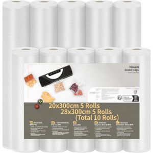 Rouleau Sous Vide Alimentaire, 10 Rouleau Film Sous Vide Alimentaire sans BPA, 5 Rouleaux 28x300 cm et 5 Rouleaux 20x300 cm Sac Sous Vide Alimentaire pour Machine Sous Vide des Aliments et la Cuisson (PETERTOS Kft., neuf)