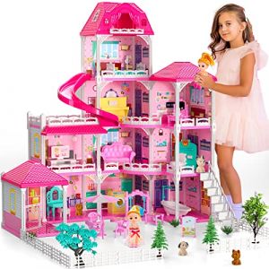 Doloowee Maison de poup&eacute;es, Fille R&ecirc;ve Maison Meuble Rose Jouet Fille, 4 Histoires 10 pi&egrave;ces Maison de poup&eacute;es avec 2 Princesses Glissi&egrave;re Accessoires, Cadeau Maison de Jeu pour Tout-Petits 3+ Ans (Doloowee, neuf)