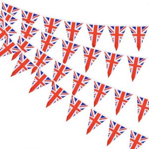 AhfuLife 10M Guirlande Drapeau Royaume uni, 4Pcs Banderole Drapeau Anglais Triangle, 30 Petit Drapeau Bretagne pour Decoration Anglaises F&ecirc;te de la C&eacute;r&eacute;monie Royale Coupe du Monde Stade Bar Jardin (echoapple, neuf)
