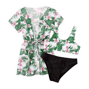 Ensembles de Bikini 3 Pieces Maillot De Bain Enfant Fille 1-5 Ans Haut De Maillot De Bain Debardeur + Tanga + Par&eacute;o Manche Courte Fille Floral Chic Pas Cher Plage Piscine (Vert, 11 Ans) (SoLu DAY8, neuf)