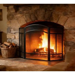 Kingson &Eacute;cran de chemin&eacute;e 3 panneaux en arc avec protection contre les &eacute;tincelles &ndash; &Eacute;cran en maille d&rsquo;acier noir avec charni&egrave;res piano &ndash; Pare-feu pliant s&ucirc;r pour les enfants &ndash; 96,5 x 61 cm (Kingson INC, neuf)