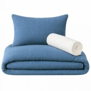 Drap Housse 80x160 cm + Housse de Couette (100% Mousseline Coton) 120x170cm + Taie Oreiller (100% Mousseline Coton) 40x60cm - Parure 3Pcs 80x160 cm - Douce et a&eacute;r&eacute;e (Bleu Nuit, 80 x 160 cm) (VRC Products France, neuf)