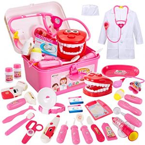 BUYGER 3 en 1 Malette Docteur Enfant, avec V&eacute;ritable St&eacute;thoscope, Thermom&egrave;tre, Kit Docteur Enfant 3 Ans Cadeau pour Gar&ccedil;on et Fille (Rose) (STGB, neuf)