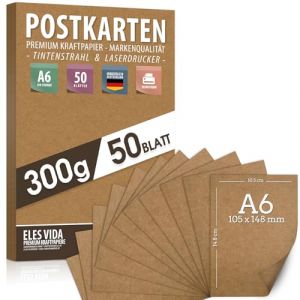 Lot de 50 cartes postales en papier kraft - Format A6-300 g - 10,5 x 14,8 cm - Carton naturel - Feuilles en carton kraft pour impression, papier cartonné, bricolage pour mariage, cadeaux vintage (snowcommerce GmbH, neuf)