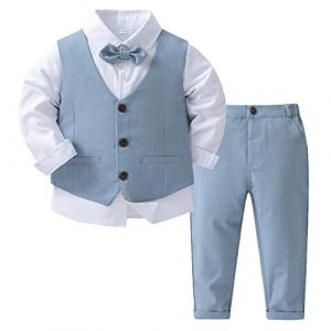 ranrann Costume B&eacute;b&eacute; Gar&ccedil;on Mariage Gentleman Tenue Chemise Manches Longues Gilet sans Manches Pantalon pour C&eacute;r&eacute;monie Bapt&ecirc;me F&ecirc;te 9 Mois - 4 Ans Bleu Clair 18-24 Mois (ranraneu, neuf)