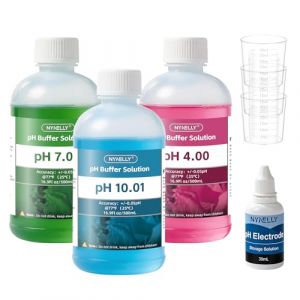 Nynelly Kit de Solution d'&eacute;talonnage pour pH Metre, 3 Flacons de 500 ml Solution Tampon pH 7.00/4.00/10.01 avec 3 Gobelets Doseurs, et 30 ml Solution de Stockage de Sonde pH, Mesures de pH (Nynel, neuf)