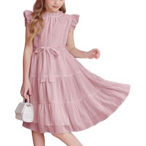 Arshiner Robes pour Filles Rose Robe en Mousseline de Soie sans Manches Robes à Volants Robe d'anniversaire pour Enfants Robe décontractée Robe de Soirée Robe de Princesse avec Ceinture 10-11 Ans (Arshiner Store, neuf)