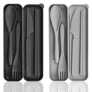 Lot de 2 couverts de camping avec valise, couverts de voyage en plastique, cuillère, couteau, fourchette, baguettes, étui, couverts de camping, couverts portables, réutilisables pour pique-nique (jingbeiuk, neuf)