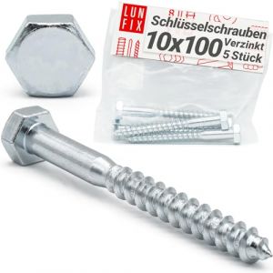 Lun Fix Vis &agrave; Bois 10 x 100 mm Acier Zingu&eacute; &ndash; 5 Pi&egrave;ces | Tirefond Hexagonal | Cheville B&eacute;ton | Support Poteau Bois | Visserie M&eacute;tal | Portillon | Alternative Inox (LUN FIX, neuf)