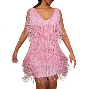 G&eacute;n&eacute;rique Cadeau Femme Robe Gatsby Couleur Unie sans Manche 1920S Robe &agrave; Frange Bretelles Robe &agrave; Charleston D&eacute;guisement pour Soir&eacute;e Danse Latine Robe Soiree Femme Paillette Costume Samba Femme (liucunwu, neuf)