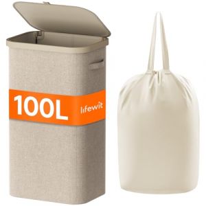 Lifewit Panier a Linge Sale 100L, Bac a Linge avec Couvercle, Corbeille a Linge avec Plastique Poignées et Sac a Linge, Grand Panier Linge Pliable pour Buanderie, Chambre, Salle de Bain, Beige (Lifewit Home FR, neuf)